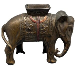 Vintage Cast Iron‎ Elephant w/Howdah Standing Metal Coin Bank 6.25"